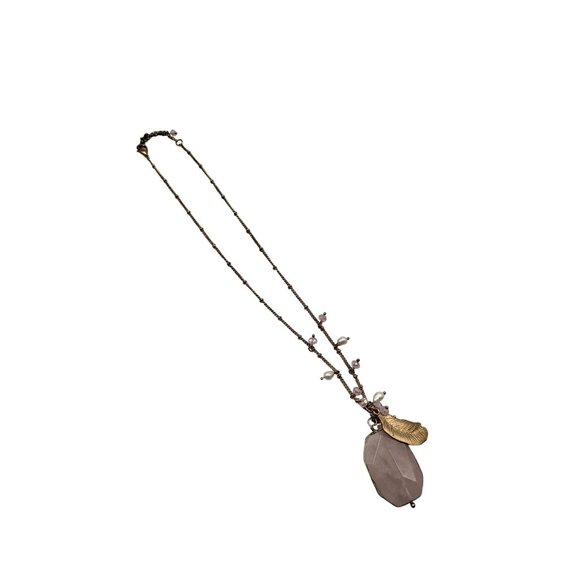 CÄRA Necklace Pearls Wire Wrapped Pink Quartz Gold Feather Charm Gold Tone - Picture 7 of 9